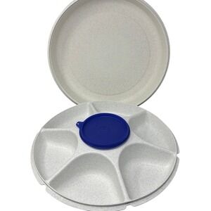Tupperware‎ Speckled White Round Container with Blue Lid Food Storage